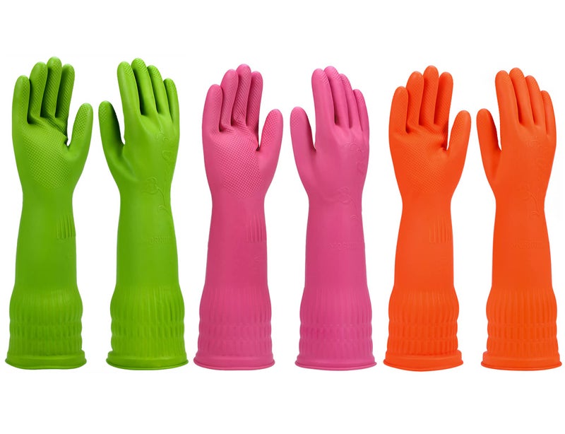 IUcgE Rubber dishwashing gloves 3 Pairs for kitchen cleaning washing dish gloves long for household reuseable durable(Medium Multicolor)